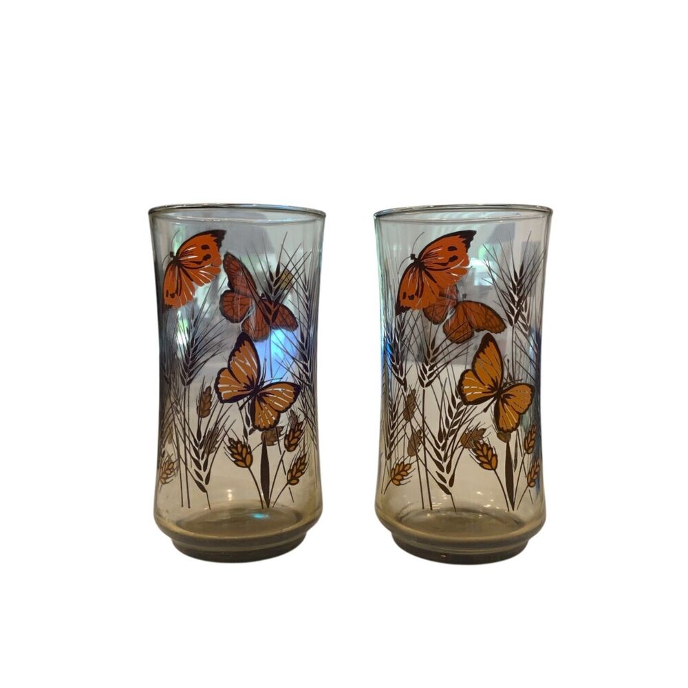 Vtg Libby Drinking Juice Glass Set of 2 Monarch Butterfly Wheat Orange MCM 12 oz